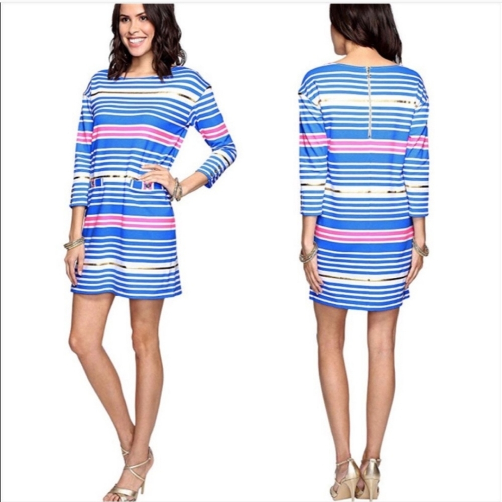 Lilly Pulitzer Lena Lapis Blue Tiki Stripe Half Sleeve Knit Mini Sheath Dress